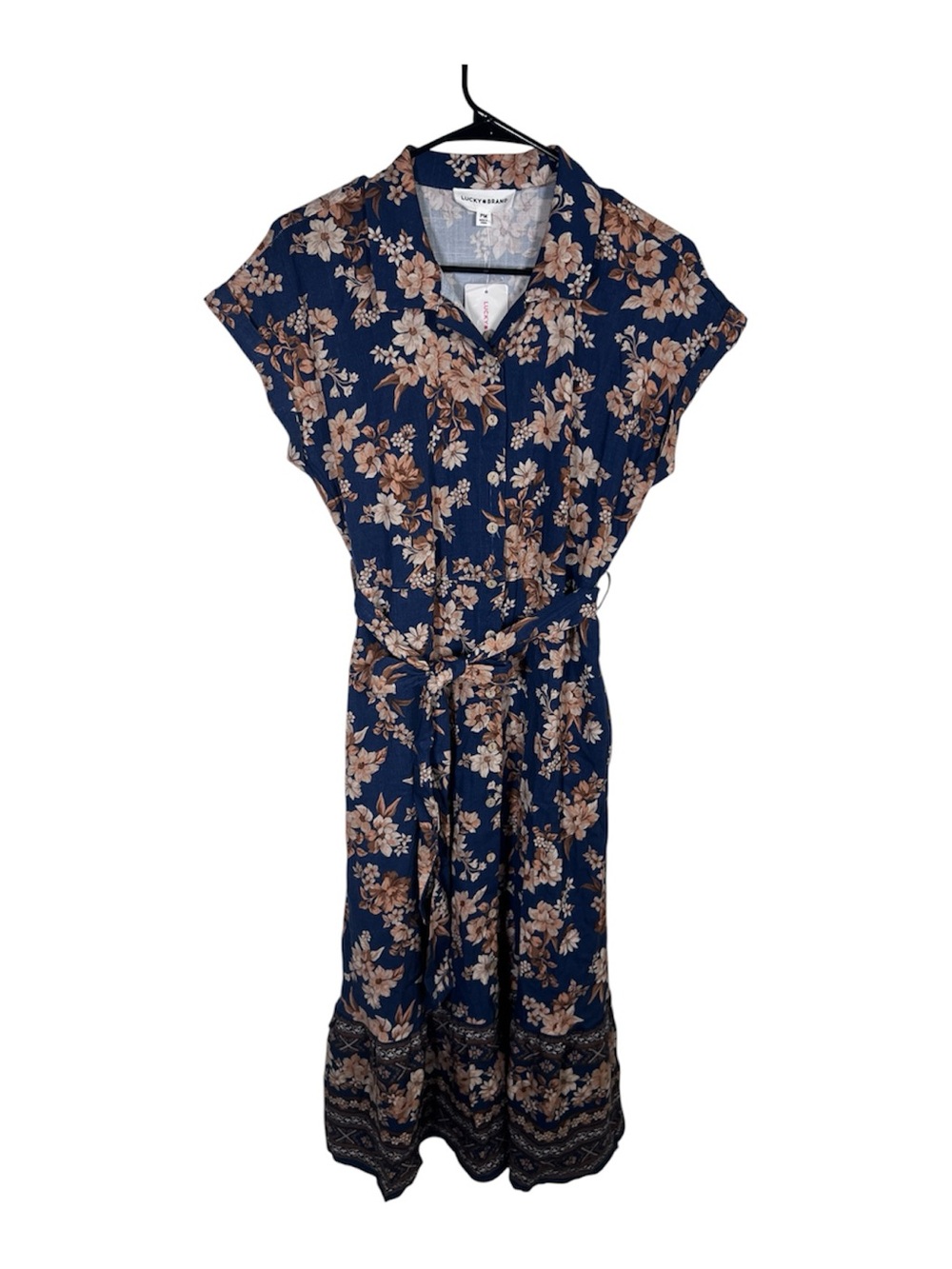 Lucky Brand Collared Button Front Navy Floral Tie-Waist Maxi Dress Size Petite M